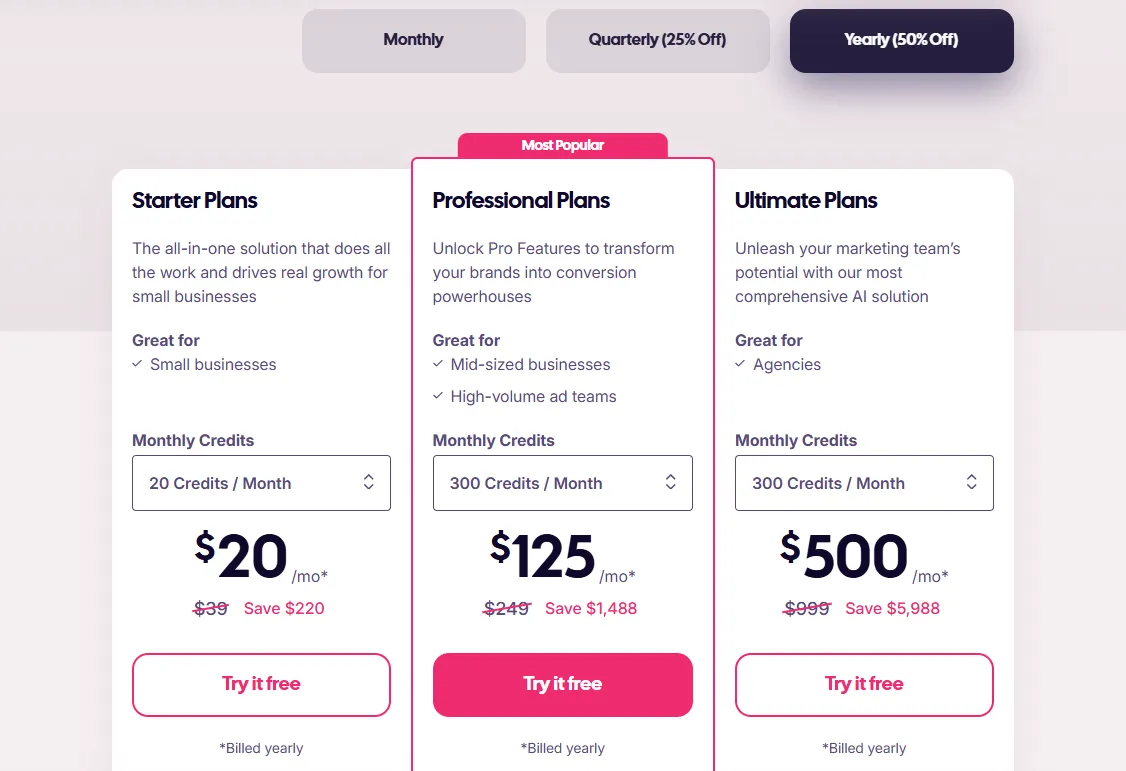 AdCreative.ai Subscription Plans and Download Credits Dashboard
