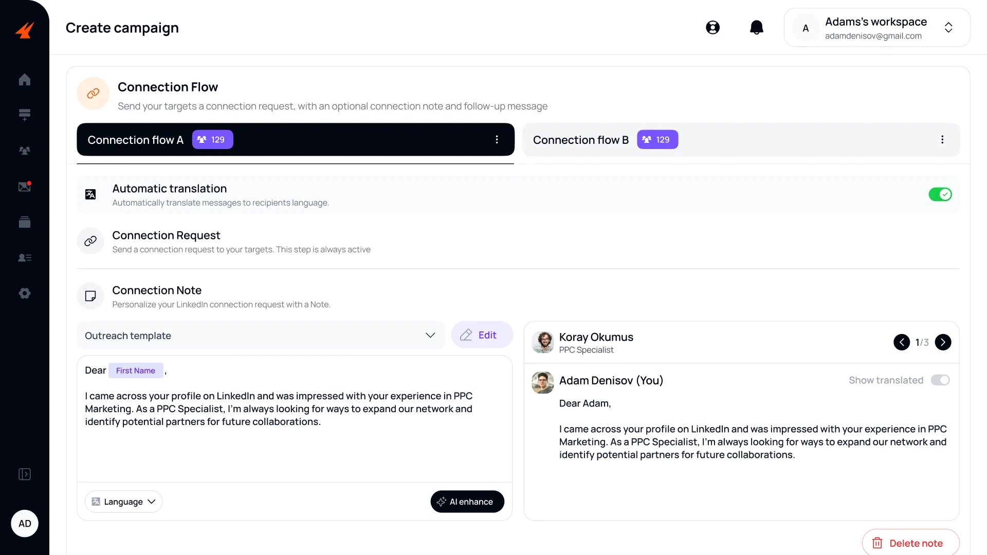 Aimfox Multistep LinkedIn Sequence Builder Interface
