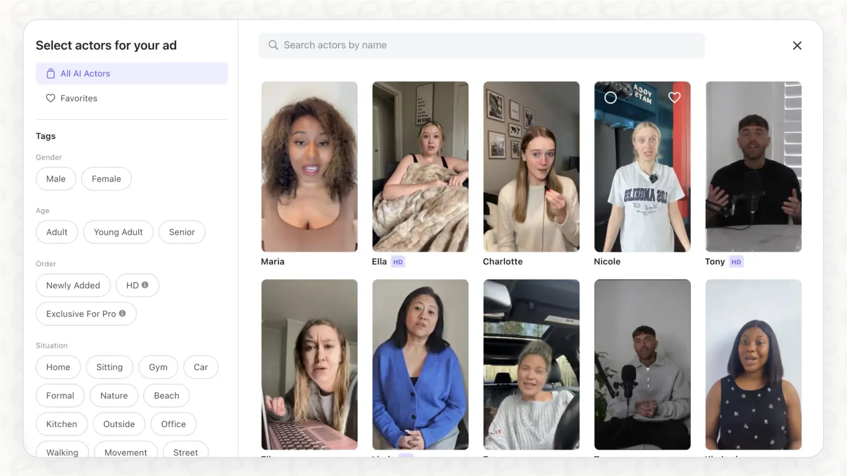 Arcads AI UGC actor library displaying diverse creator profiles, casual settings, and demographic filters