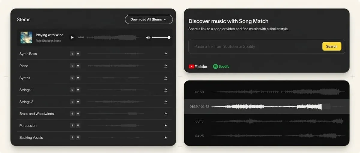 Artlist Royalty-Free Music Library, Stem Separation, and Song Match Interface