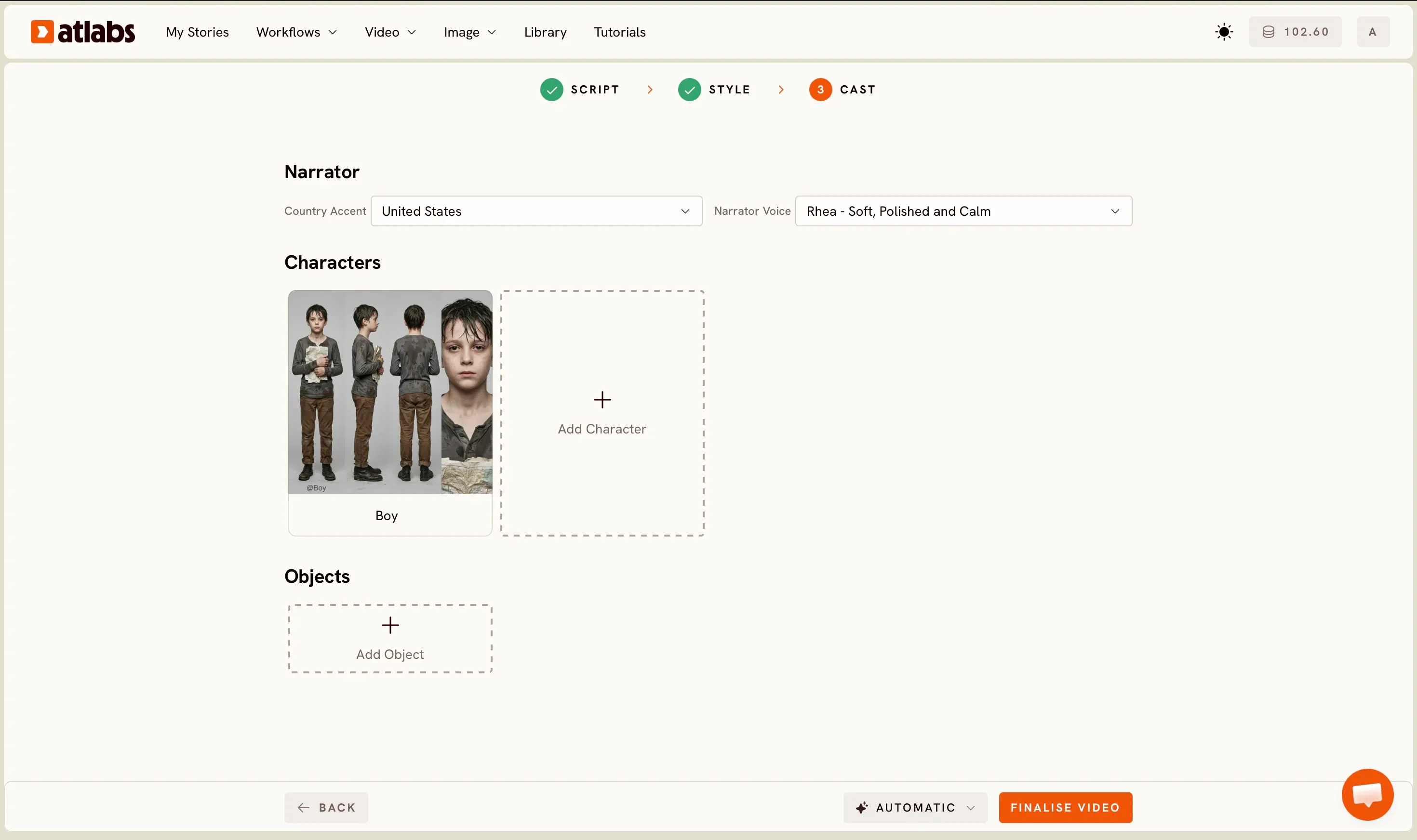 Atlabs character consistency studio interface displaying multi-angle character locking and scene management
