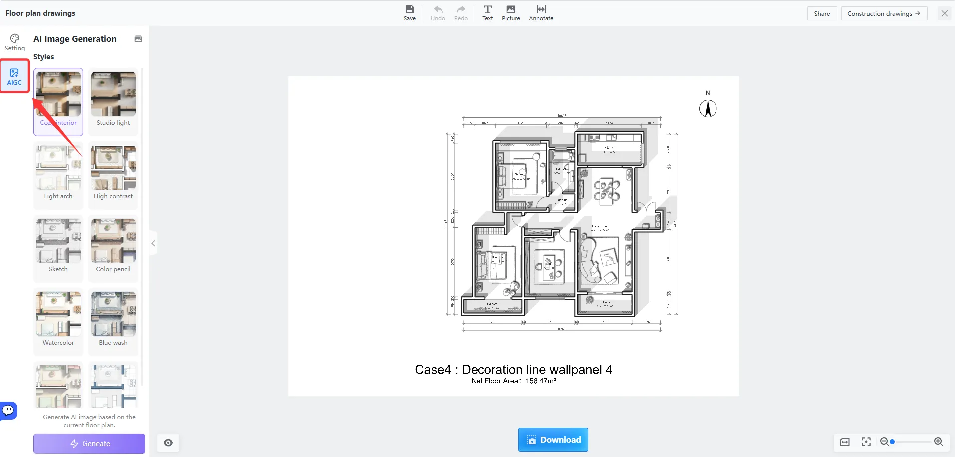 Coohom 2D floor planning and AI blueprint recognition interface