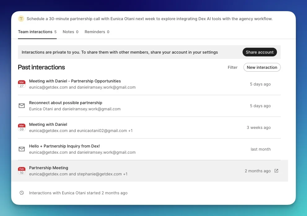 Dex Personal CRM Contact Profile & Unified Interaction Timeline