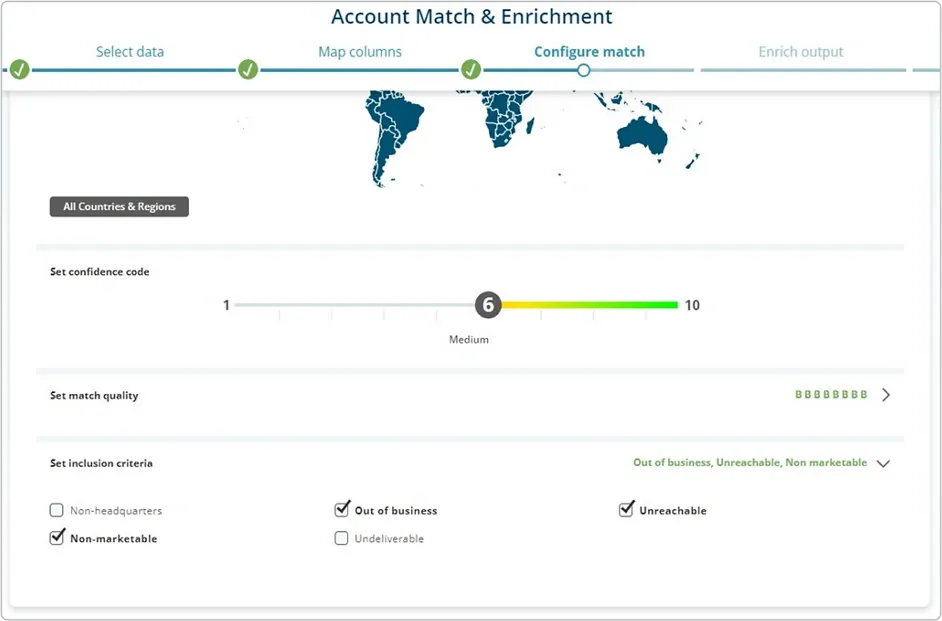 D&B Connect Discover Account Match & Enrichment settings showing match confidence, match quality, and record inclusion criteria