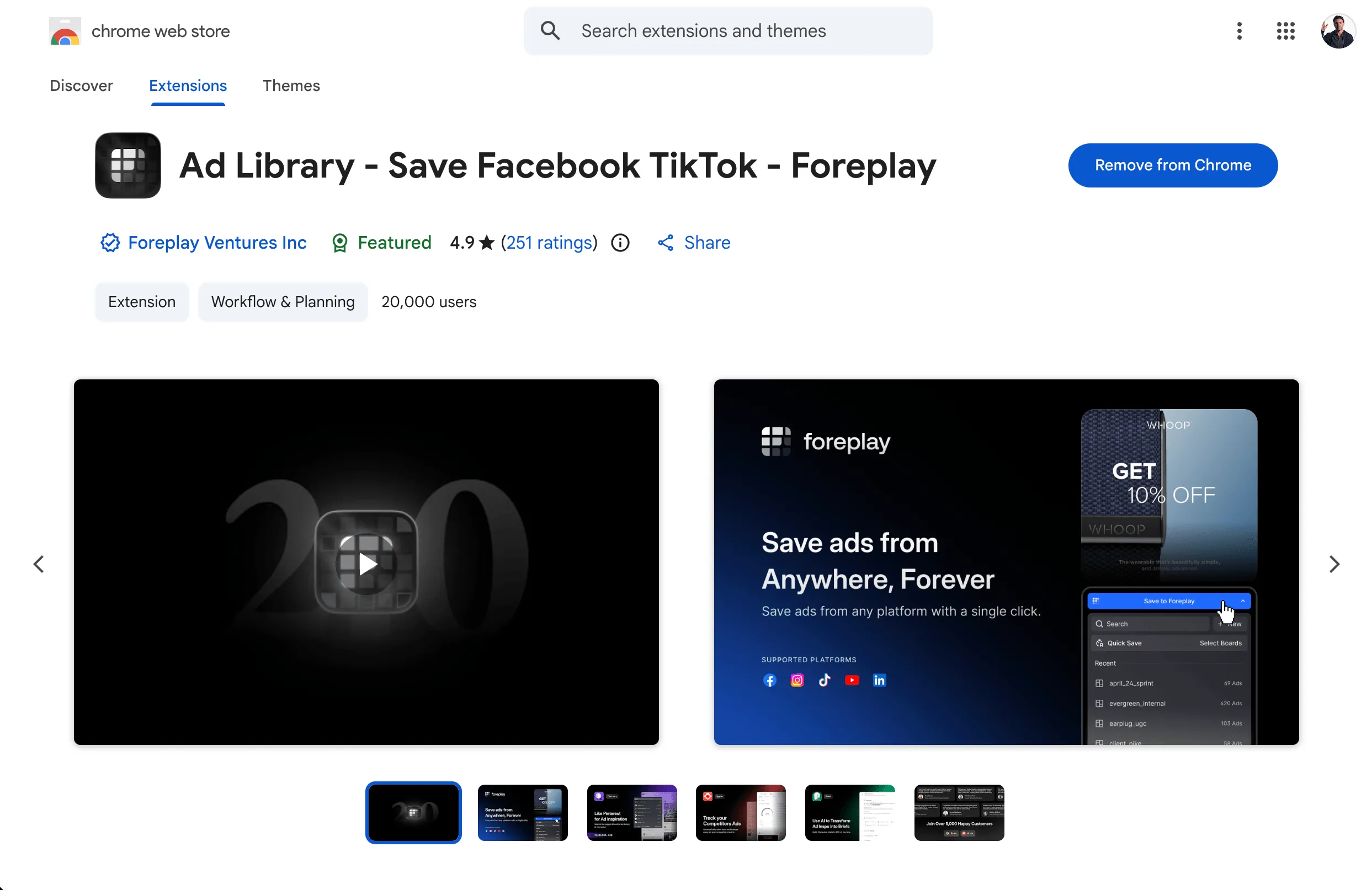 Foreplay Chrome extension saving ads from Meta Ad Library with video, copy, and landing page capture