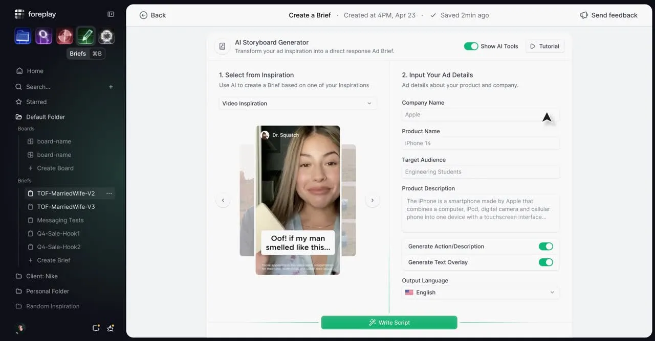 Foreplay creative brief builder displaying timecode storyboards, script annotations, and visual reference cards