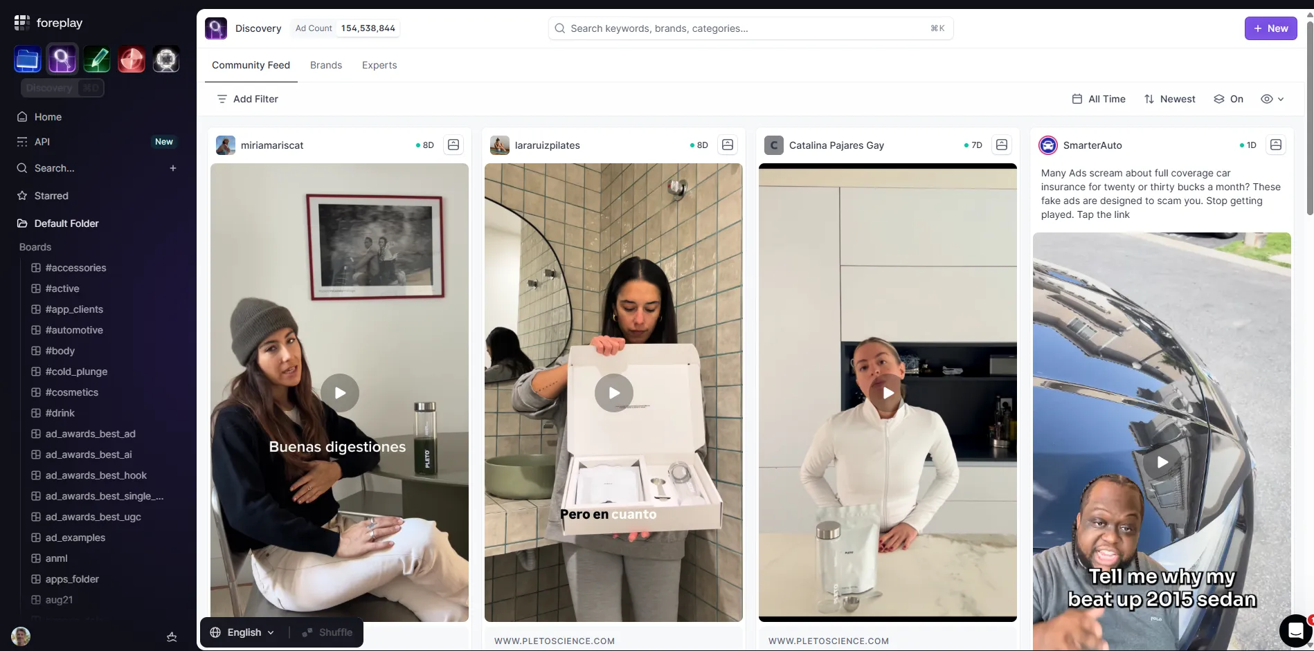 Foreplay Discovery database displaying millions of live ads with running duration and niche filters