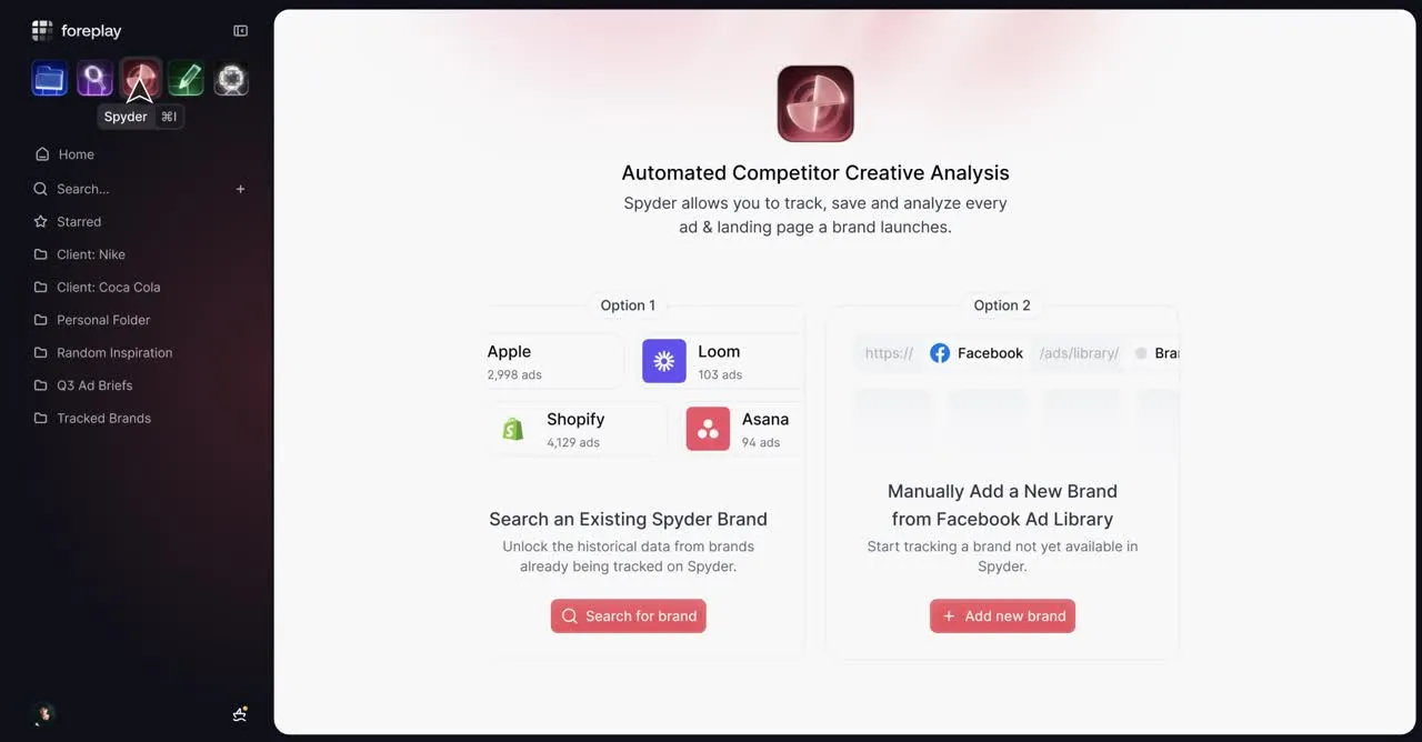 Foreplay Spyder automated competitor tracking dashboard displaying newly launched ad batches and creative timeline alerts