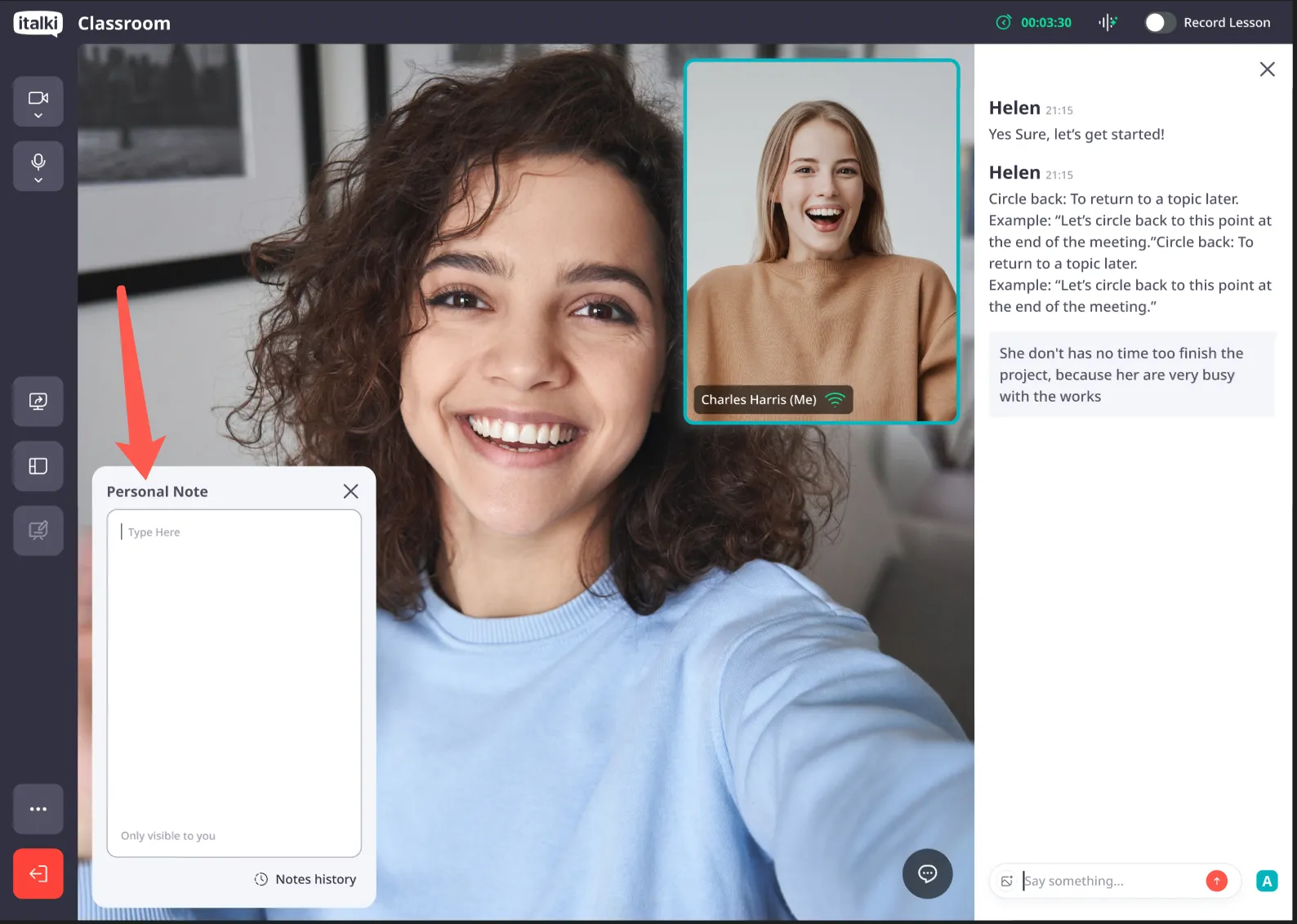italki Classroom Real-Time Video Interface