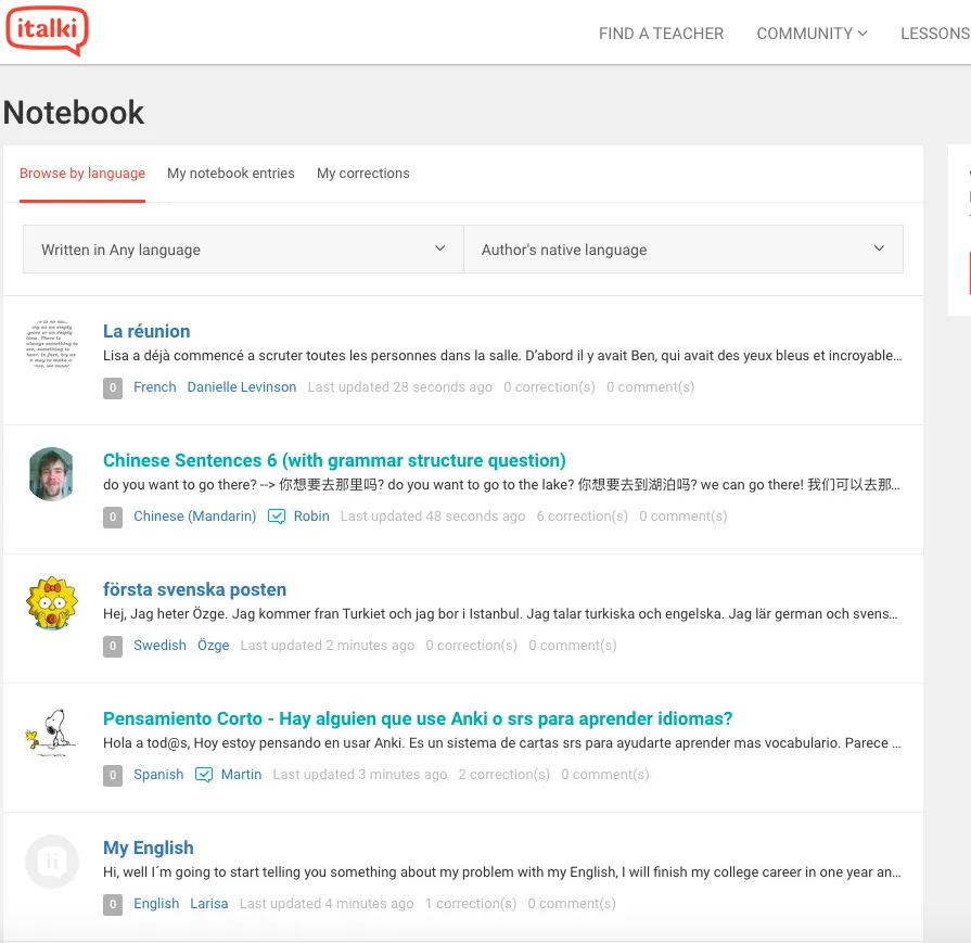 italki Community Exercises and Notebook Feature