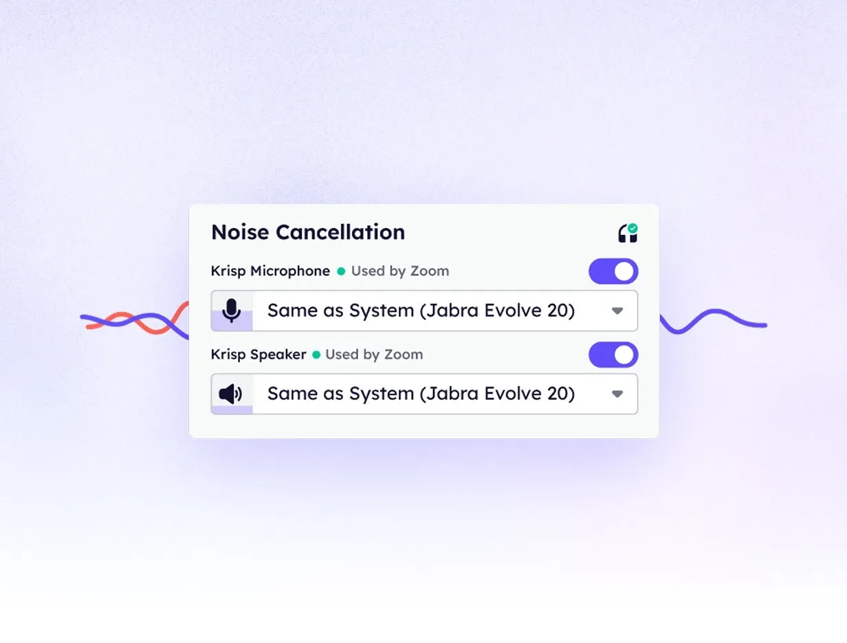 Krisp desktop application interface showing virtual audio device and noise cancellation controls