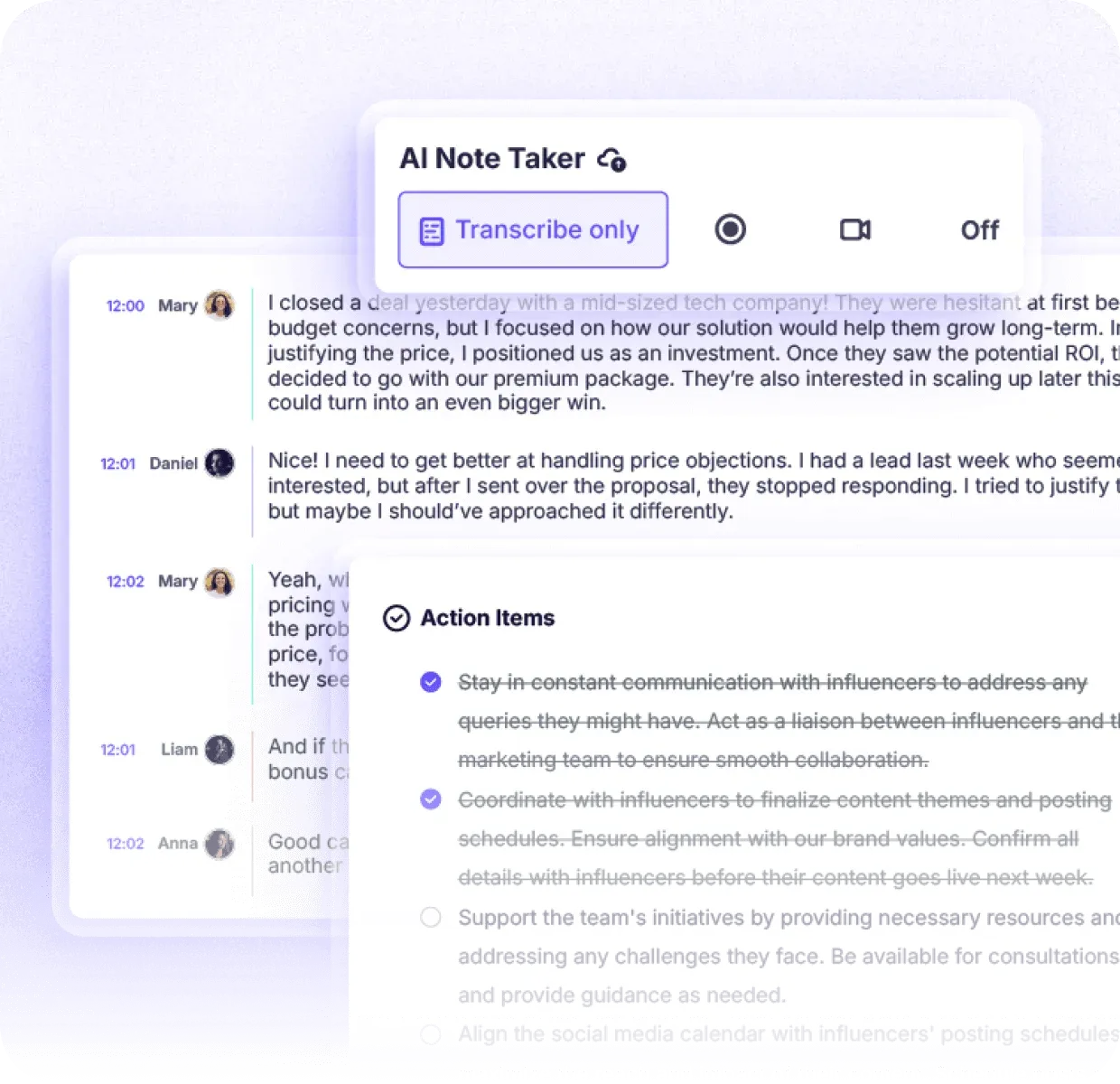 Krisp automated meeting summary with key discussion points and action items