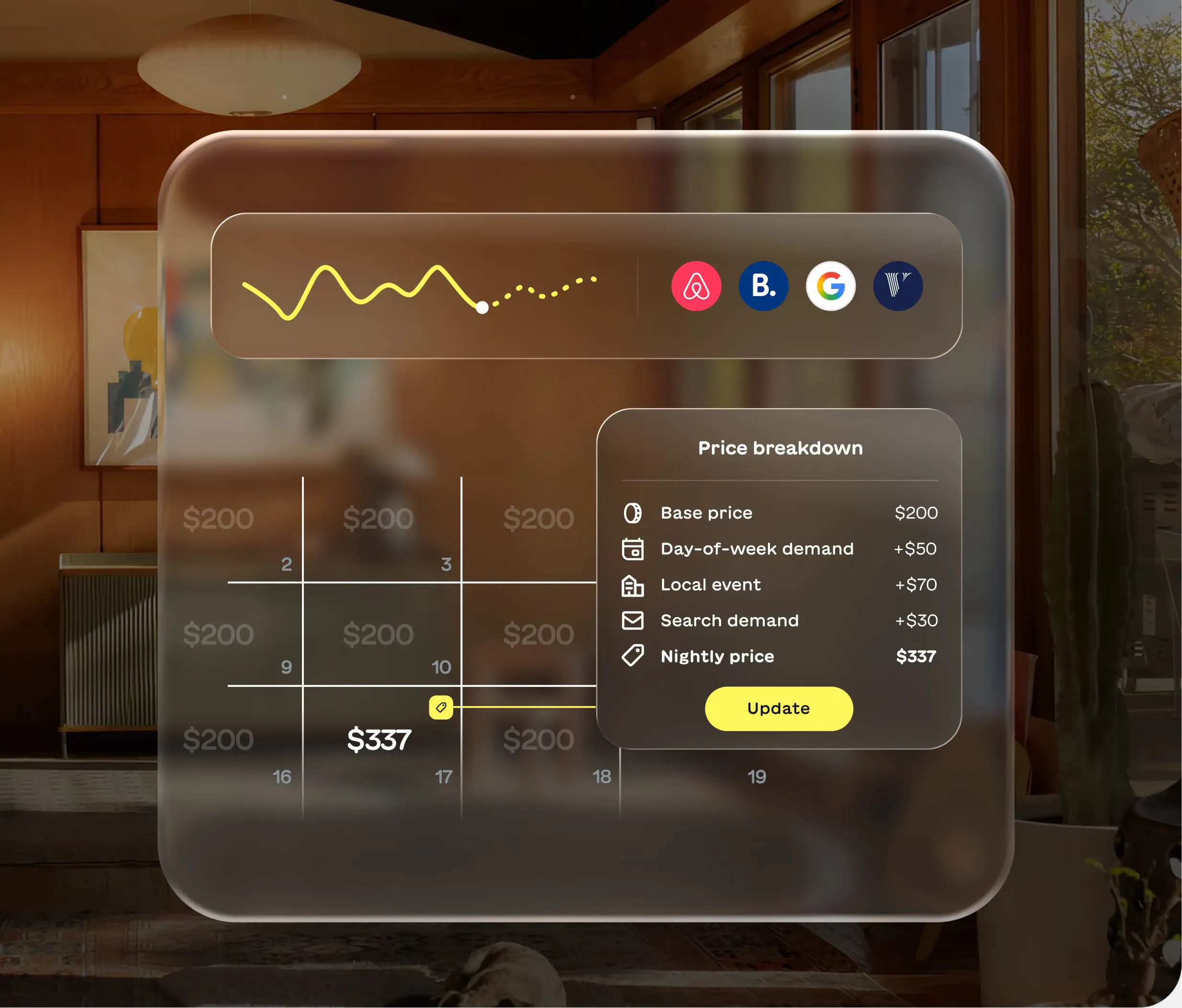 Lodgify Dynamic Pricing interface displaying daily automated nightly rates and a pricing breakdown based on local market demand, seasonal shifts, and events