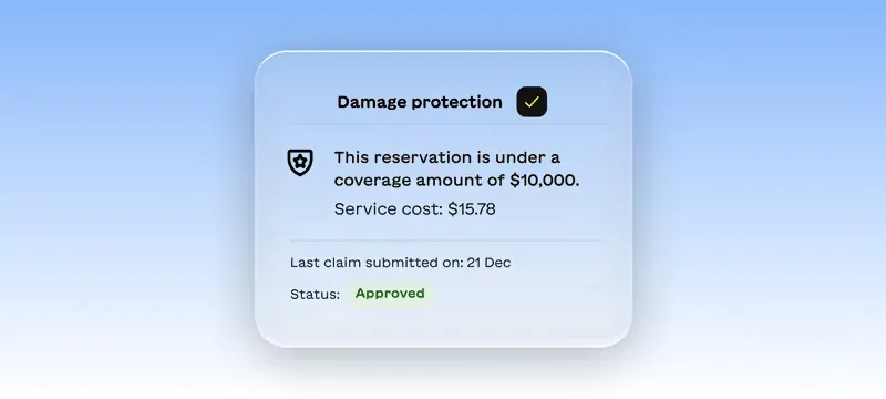 Lodgify Damage Protection configuration panel displaying reservation coverage limits, occupied night fees, and instant claim submission status