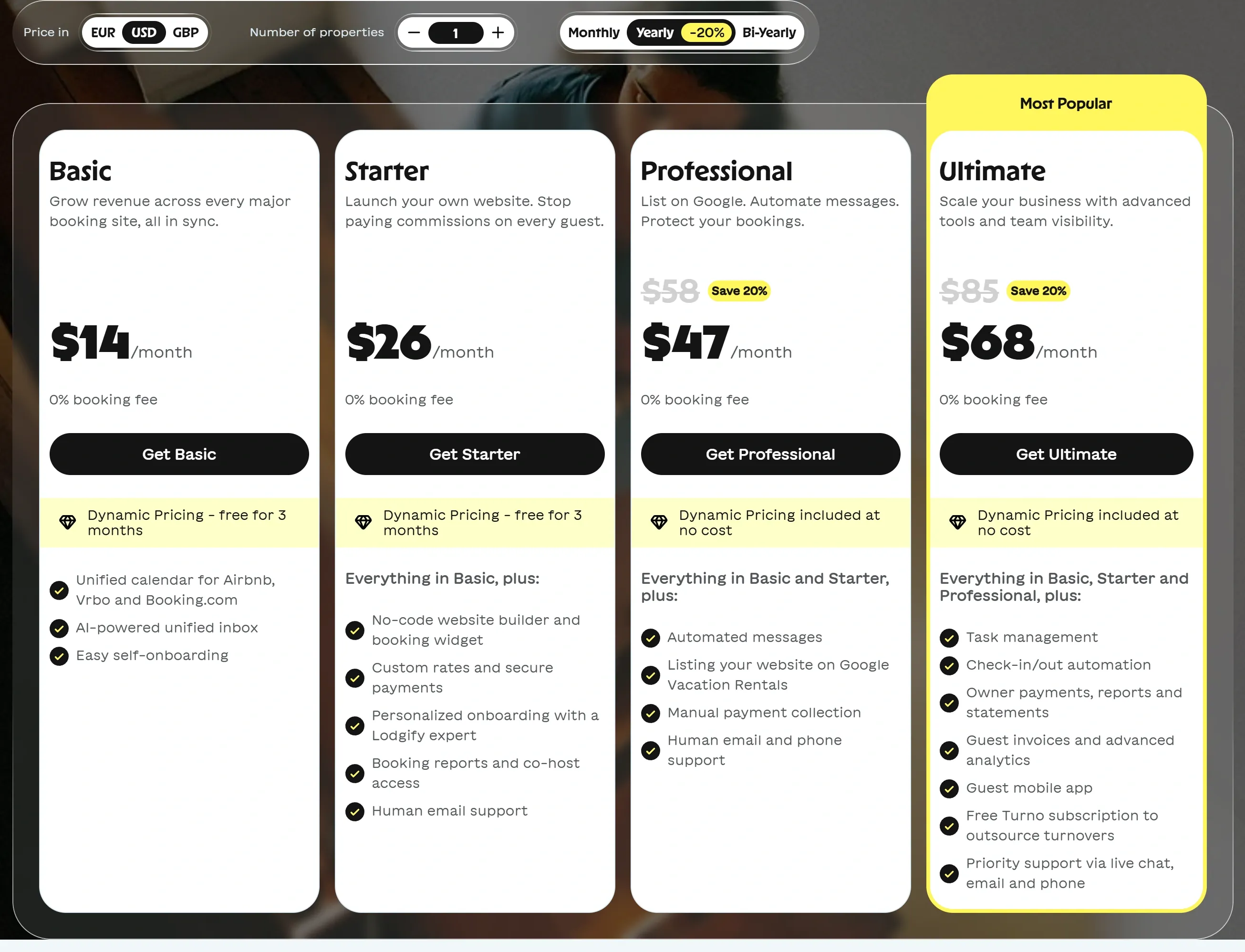 Lodgify official pricing plans in USD for one property on yearly billing showing Basic at $14, Starter at $26, Professional at $47, and Ultimate at $68 per month equivalent