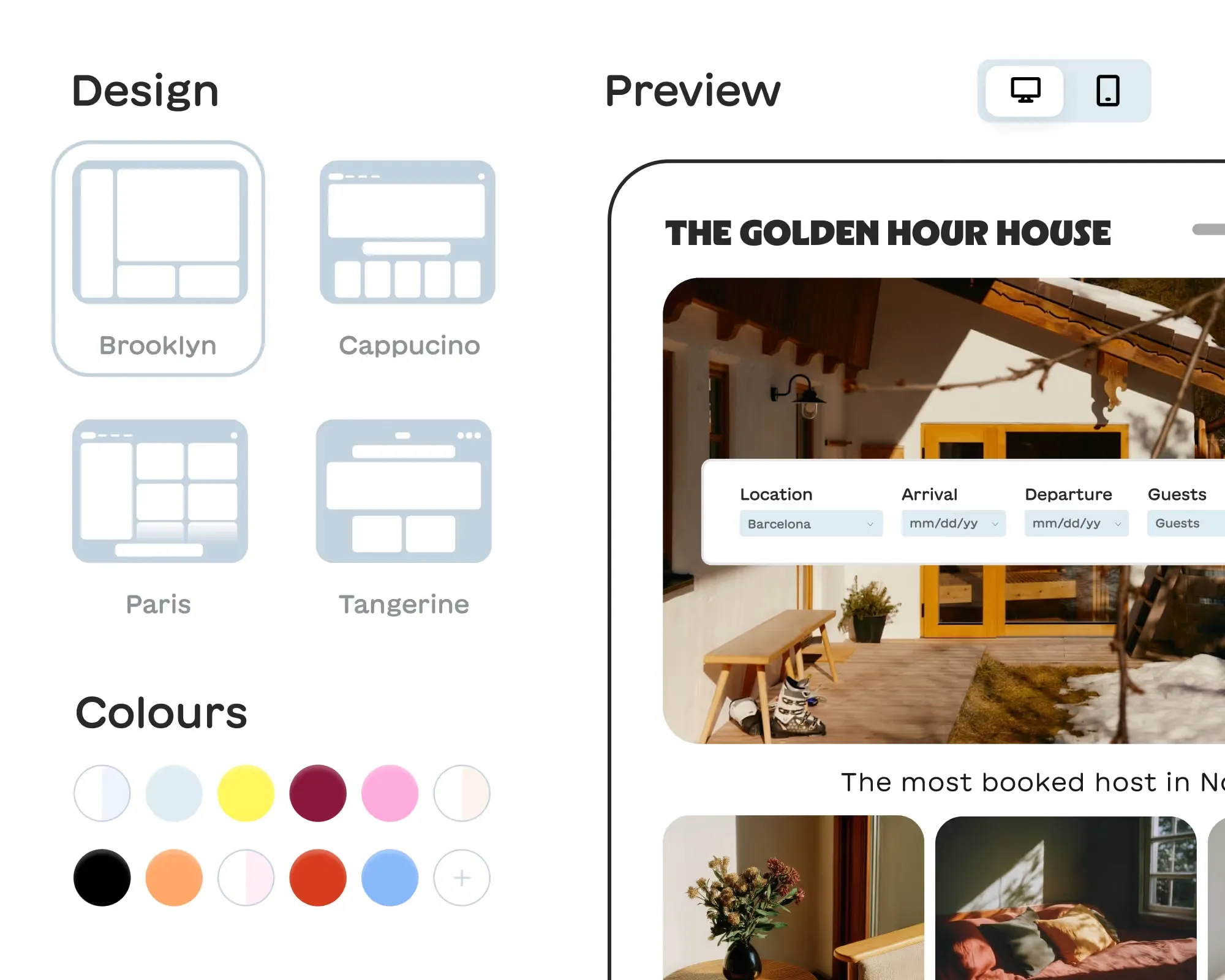 Lodgify website builder showing Brooklyn, Paris, and Tangerine templates, custom brand colors, mobile previews, and a direct-booking search bar
