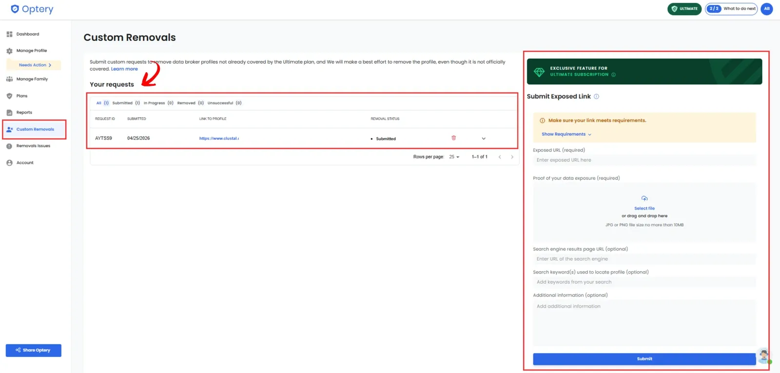 Optery Ultimate custom removal form with exposed URL and proof upload fields