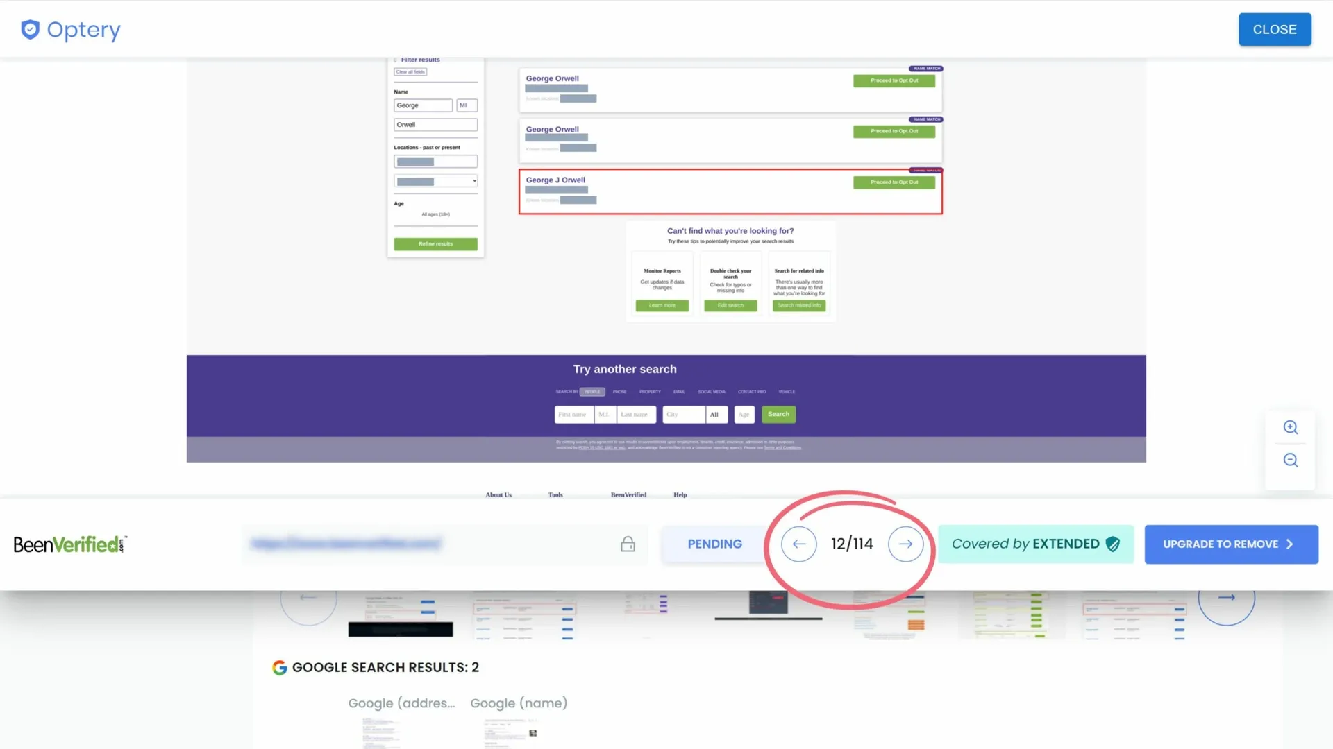 Optery screenshot viewer showing a highlighted data broker profile match