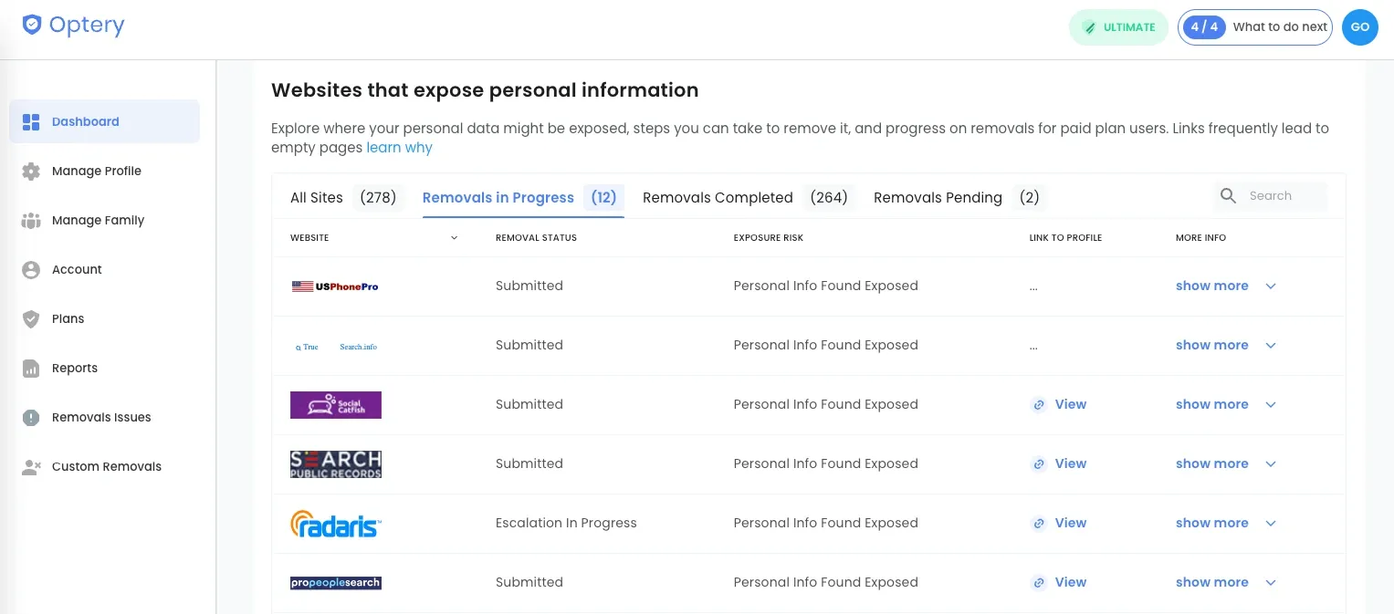 Optery paid dashboard listing submitted removal requests and an escalation in progress