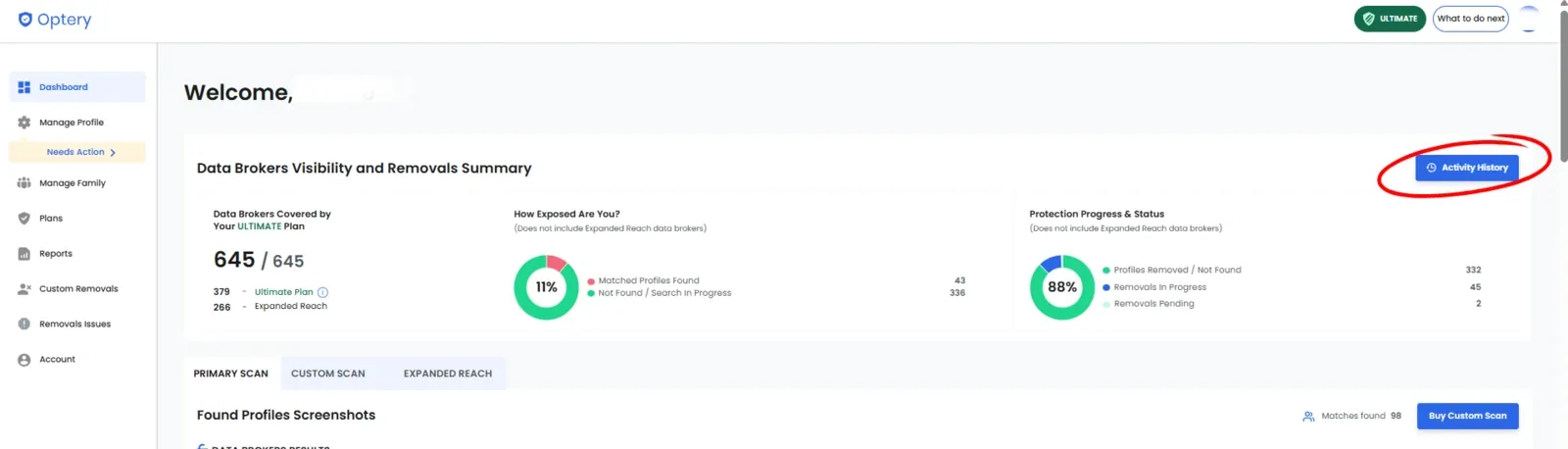 Optery Ultimate dashboard showing broker coverage, matched profiles, and removal progress