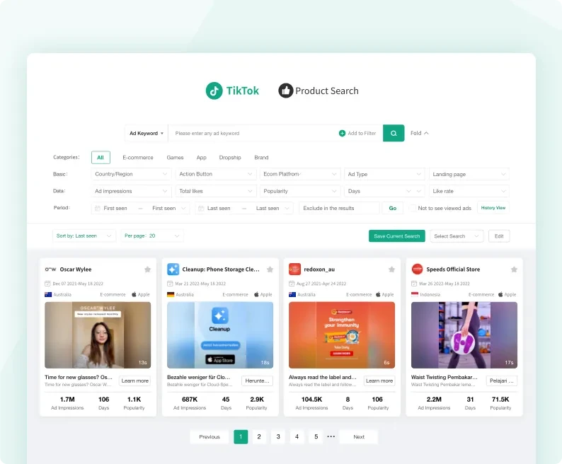PiPiADS TikTok Ad Search and Filter Interface