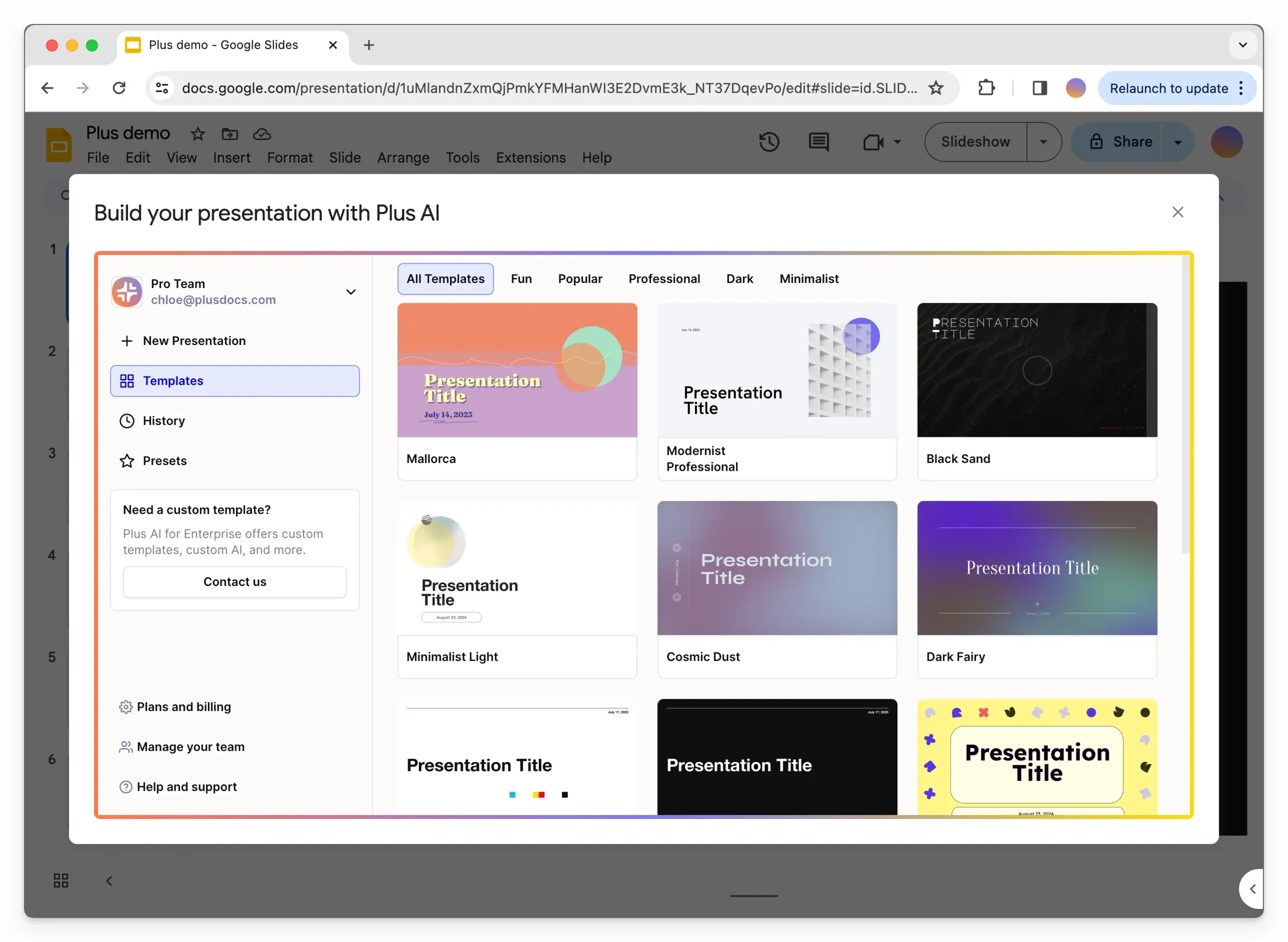 Plus AI presentation template catalog and custom brand kit theme selector