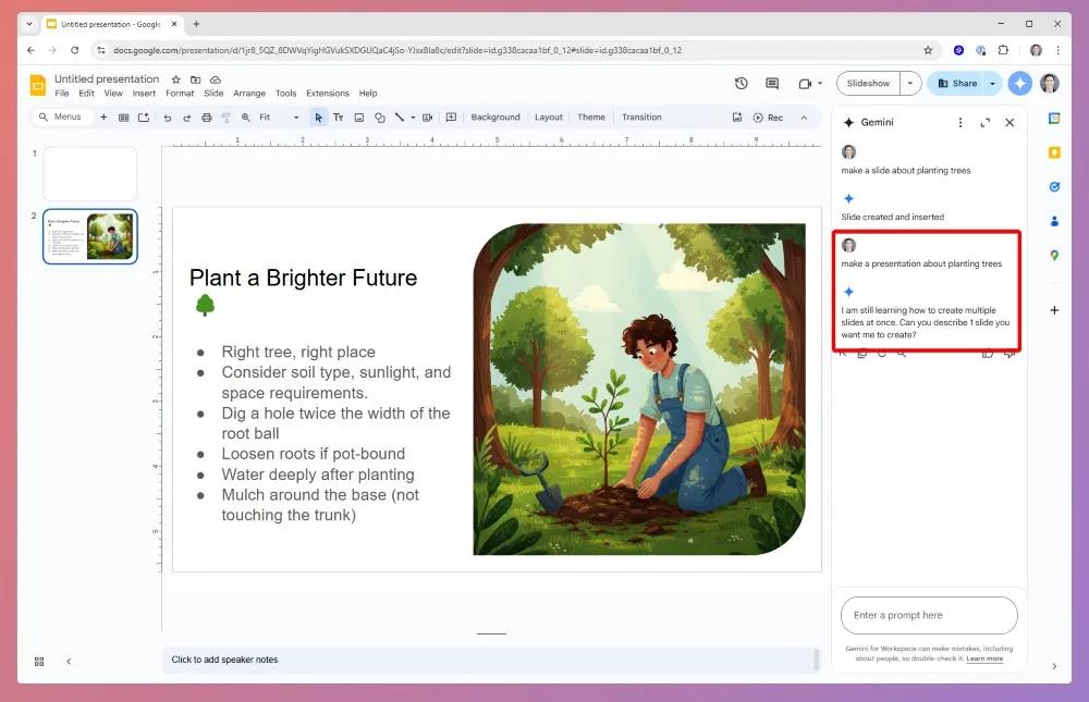 Plus AI sidebar extension active inside Google Slides displaying slide generation modes and theme selector