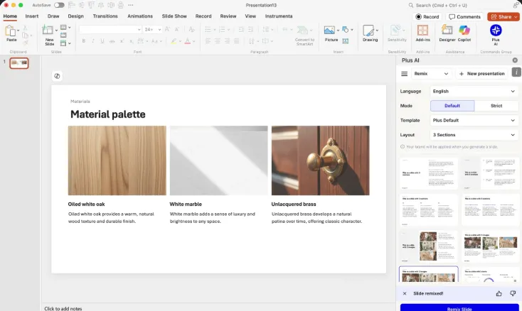 In-slide Remix editor transforming unstructured bullet text into three-column cards and matrix layouts