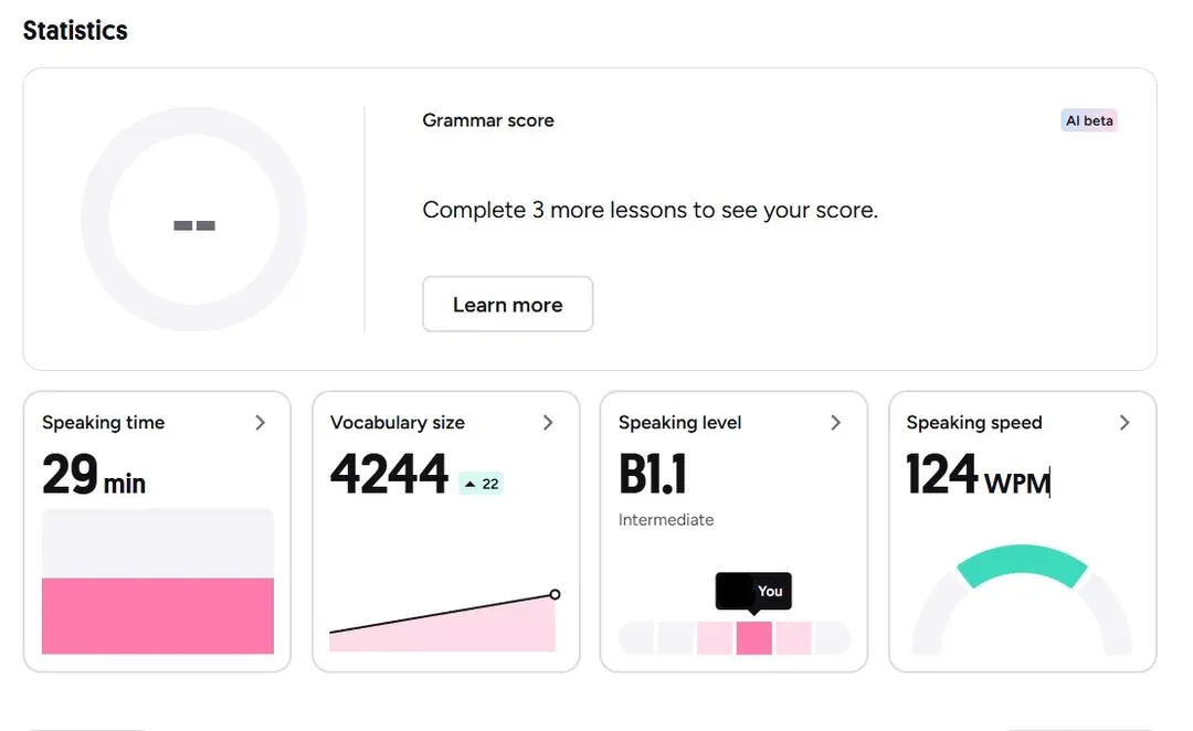 Preply AI Lesson Insights and Vocabulary Builder displaying automated lesson summaries, vocabulary cards, and spaced repetition tracking