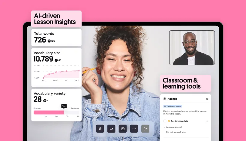 Preply Space virtual classroom displaying interactive whiteboard, video calling, synchronized chat, and vocabulary notes