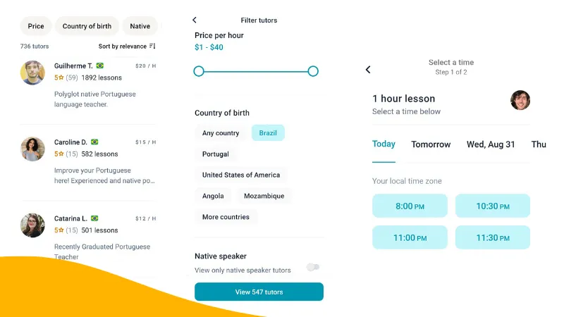 Preply tutor search interface displaying filter criteria, hourly rates, introductory videos, and verified reviews