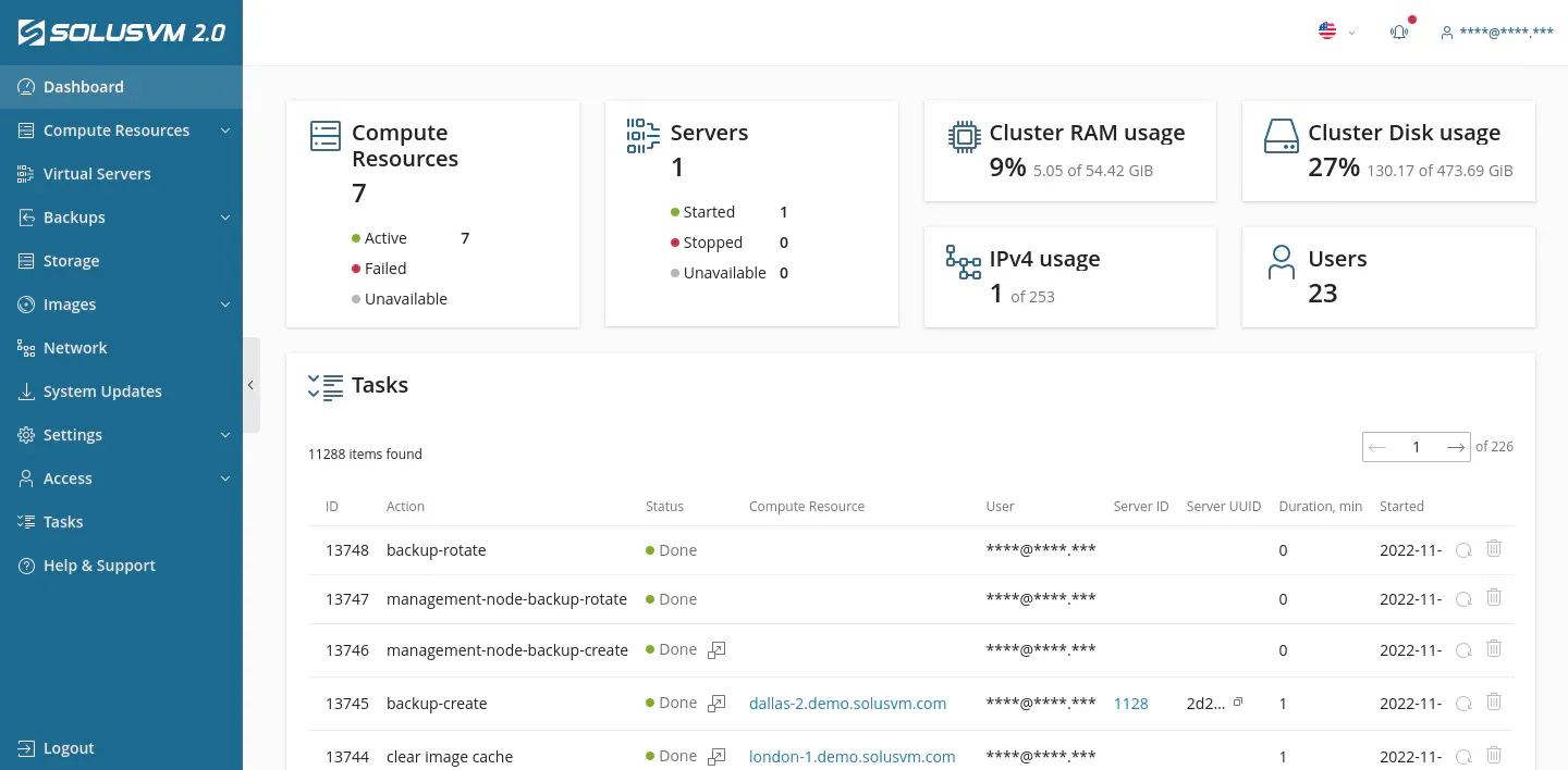 RackNerd SolusVM Control Panel & Resource Metrics
