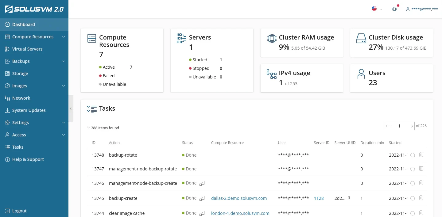 RackNerd SolusVM Control Panel & Resource Metrics