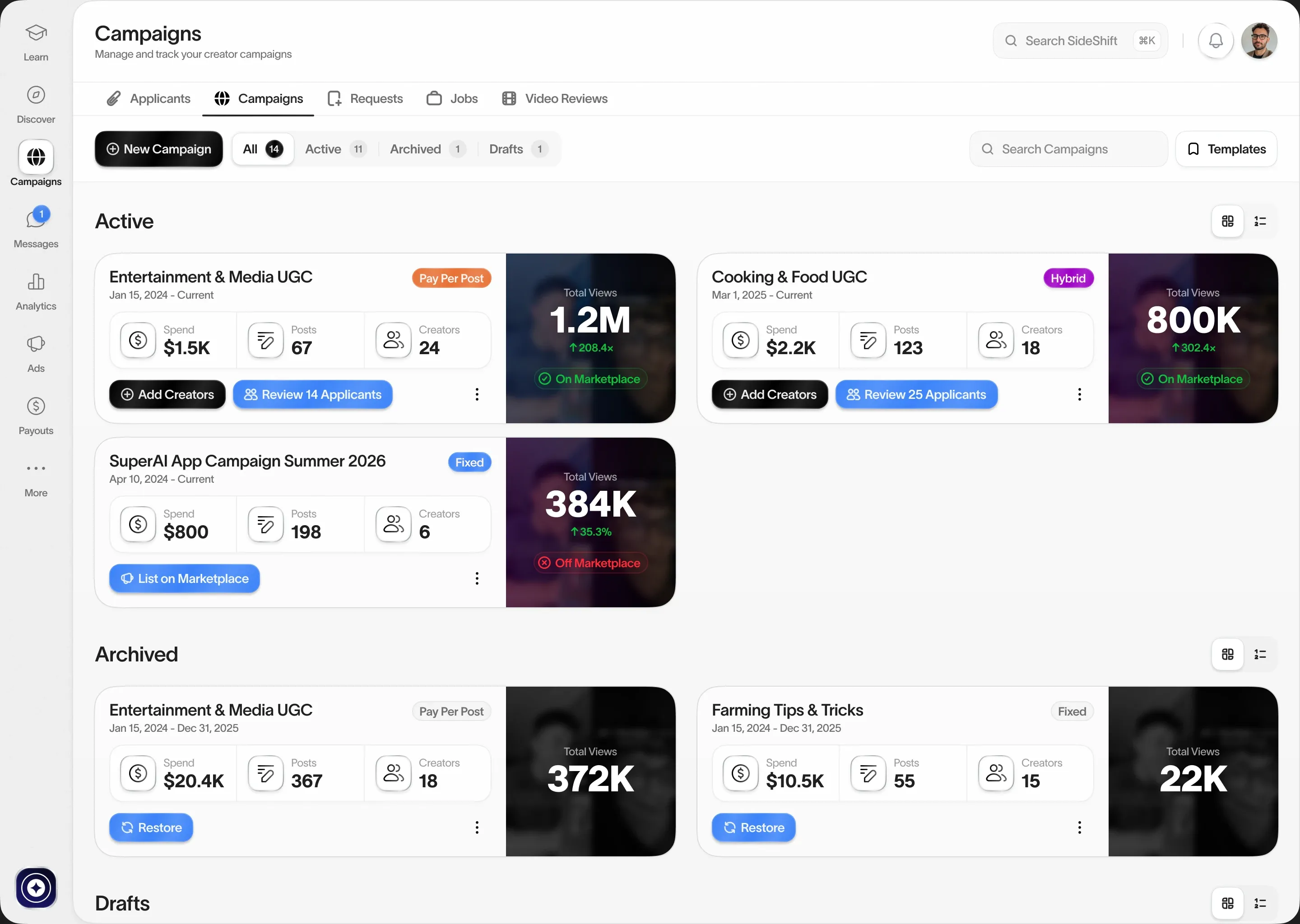 SideShift Campaign Management and Content Approval Workflow