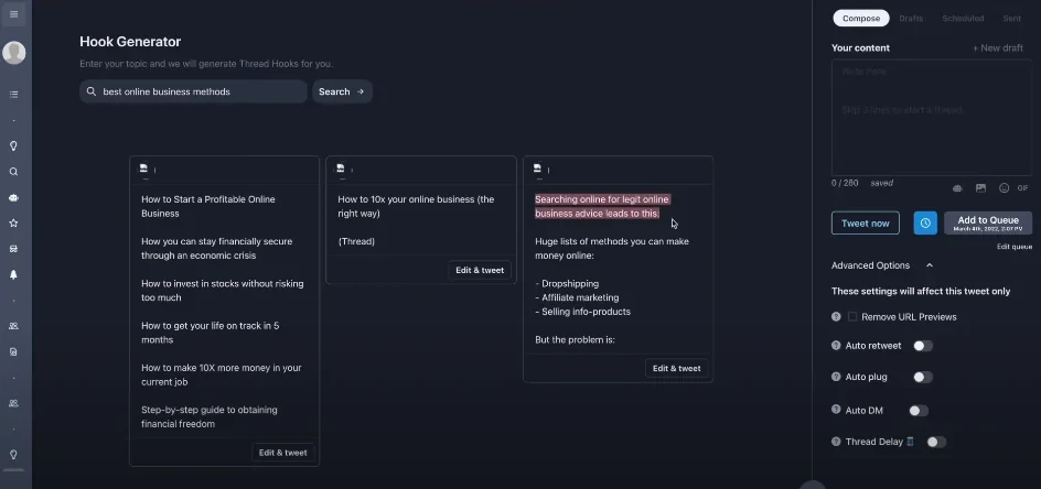 TweetHunter Hook Generator and Thread Composer