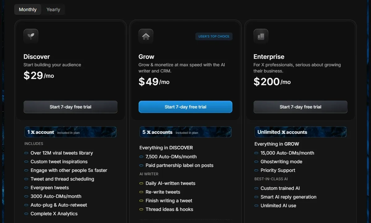 TweetHunter Pricing Plans Comparison