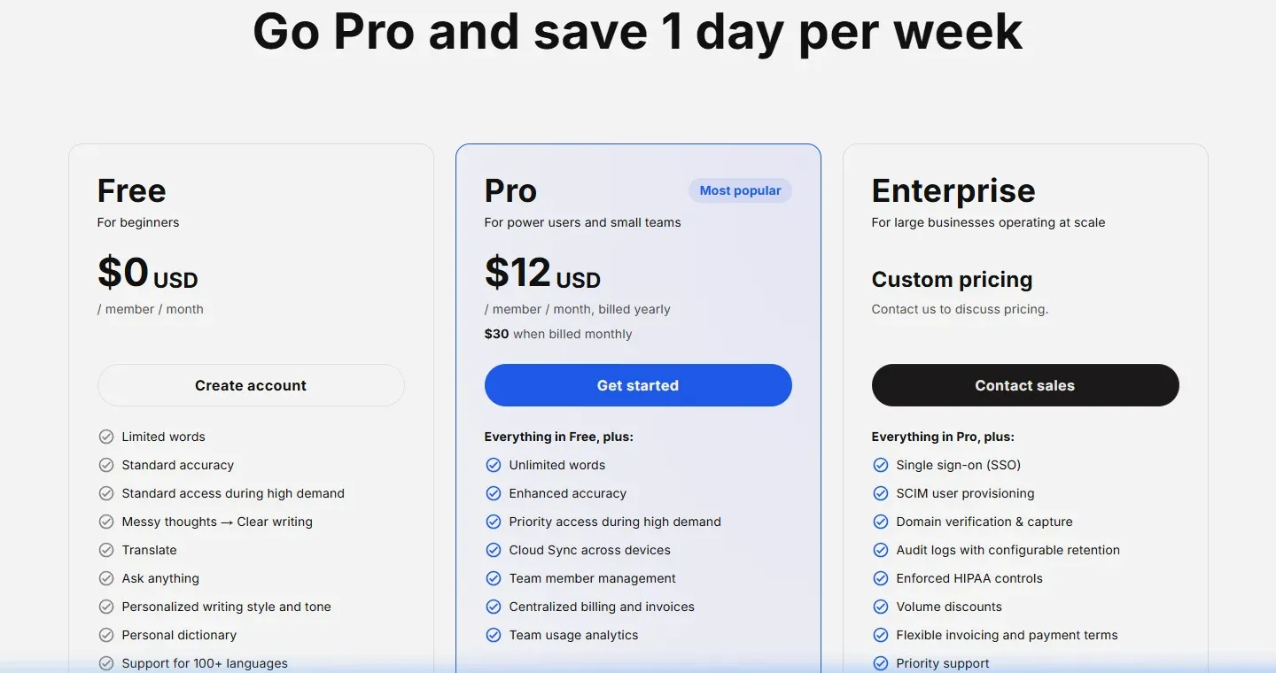 Typeless official pricing tiers and subscription options