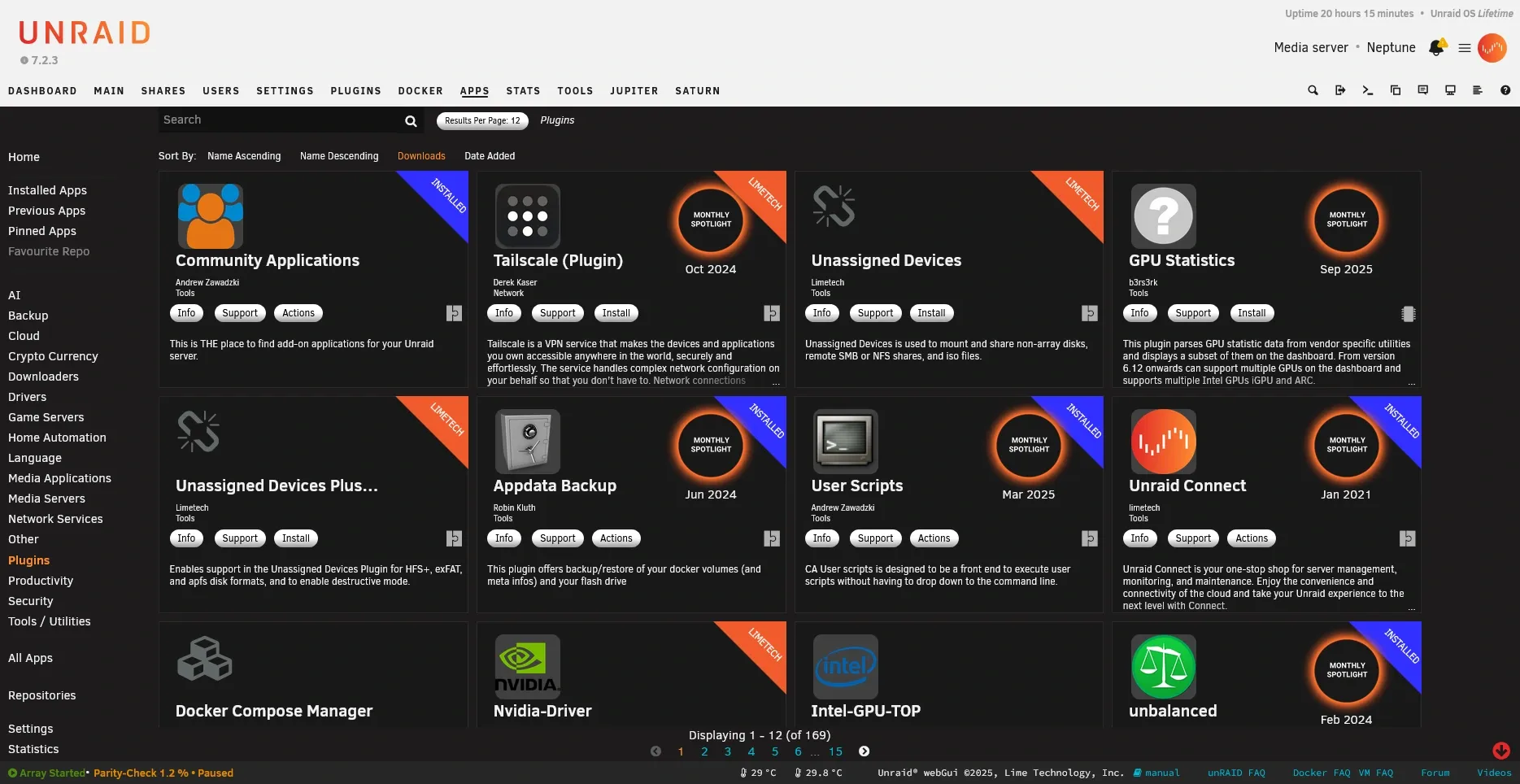 Community Applications in Unraid 7.2.3 showing searchable plugin listings for Tailscale, Unassigned Devices, GPU Statistics, and Appdata Backup