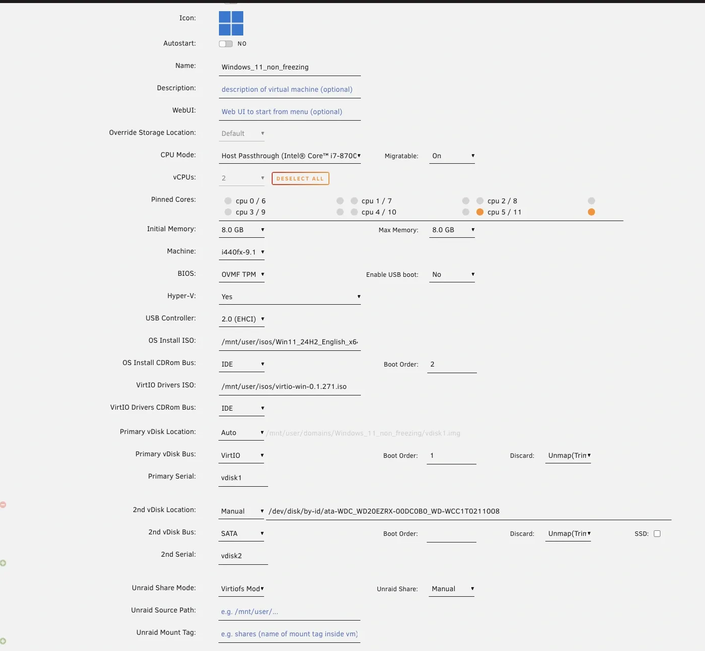 Unraid Windows 11 VM settings showing host CPU passthrough, pinned CPU cores, 8 GB RAM, OVMF TPM, and virtual disk configuration