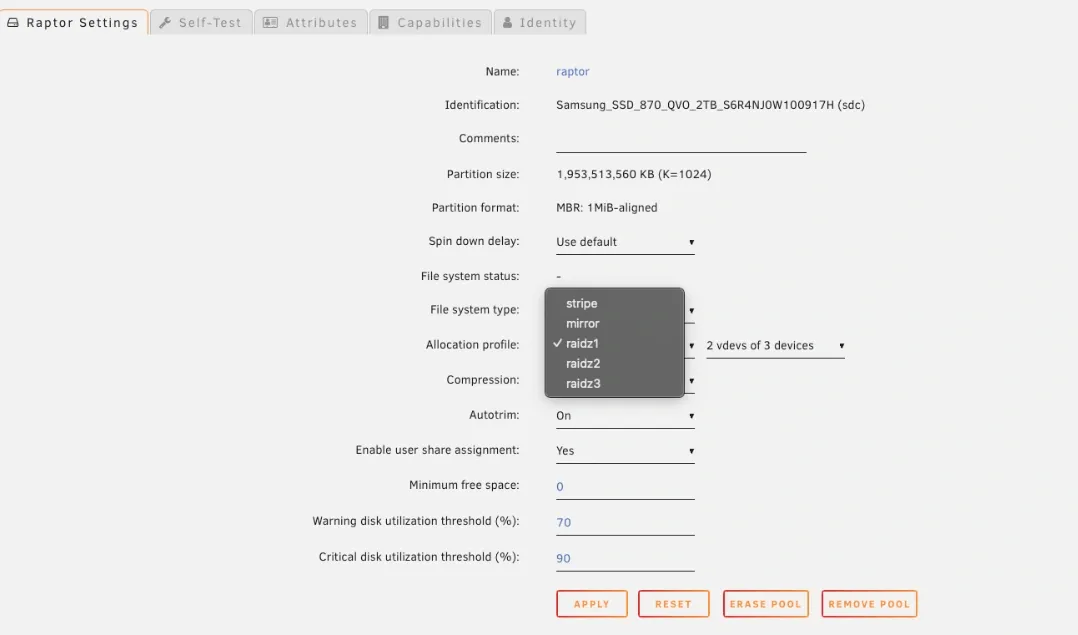 Unraid ZFS pool settings with stripe, mirror, and RAIDZ layout options, vdev allocation, compression, and autotrim controls