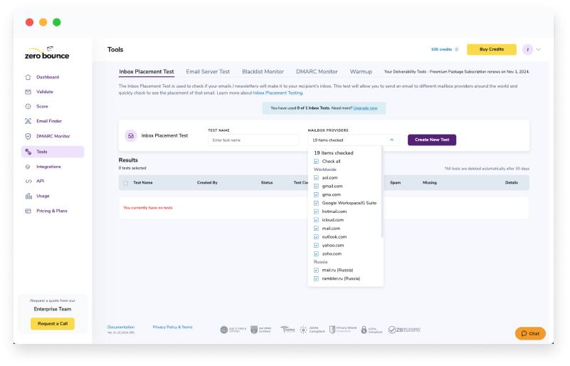 ZeroBounce Inbox Placement Test helps marketers see how campaigns may be handled by different mailbox providers.