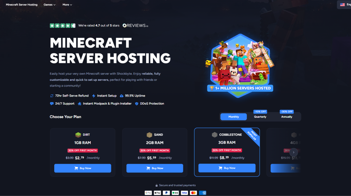 Shockbyte Minecraft server hosting pricing