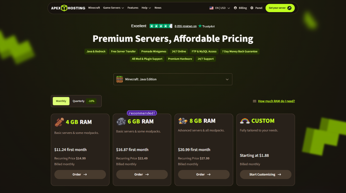 Apex Hosting Minecraft server pricing